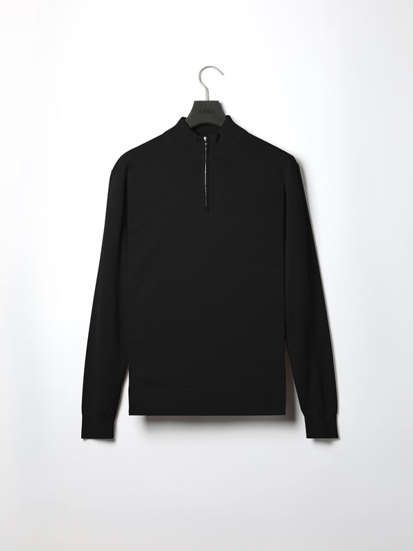 Cotton Knitted Half Zip Funnel Neck Jumper in Black