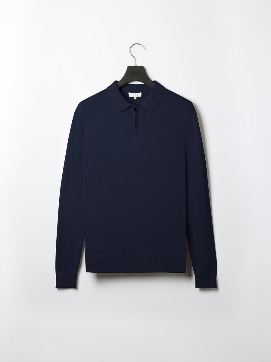 Cotton Knitted Long Sleeve Half Zip Polo Shirt in Navy