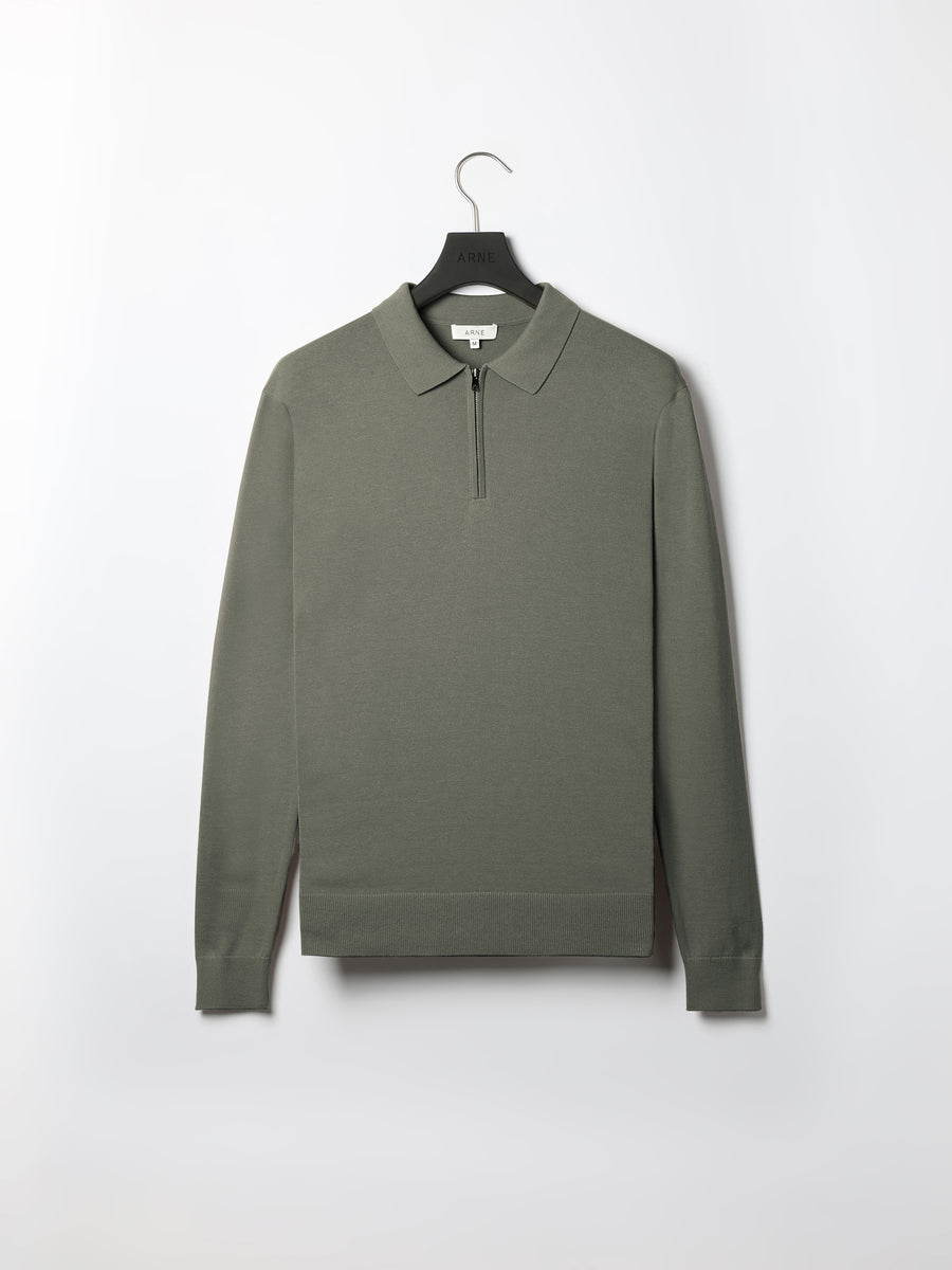 Cotton Knitted Long Sleeve Half Zip Polo Shirt in Sage