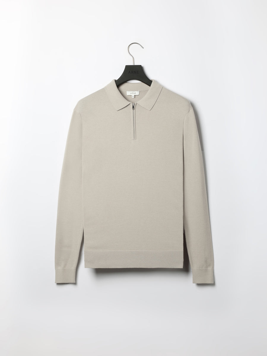 Cotton Knitted Long Sleeve Half Zip Polo Shirt in Stone