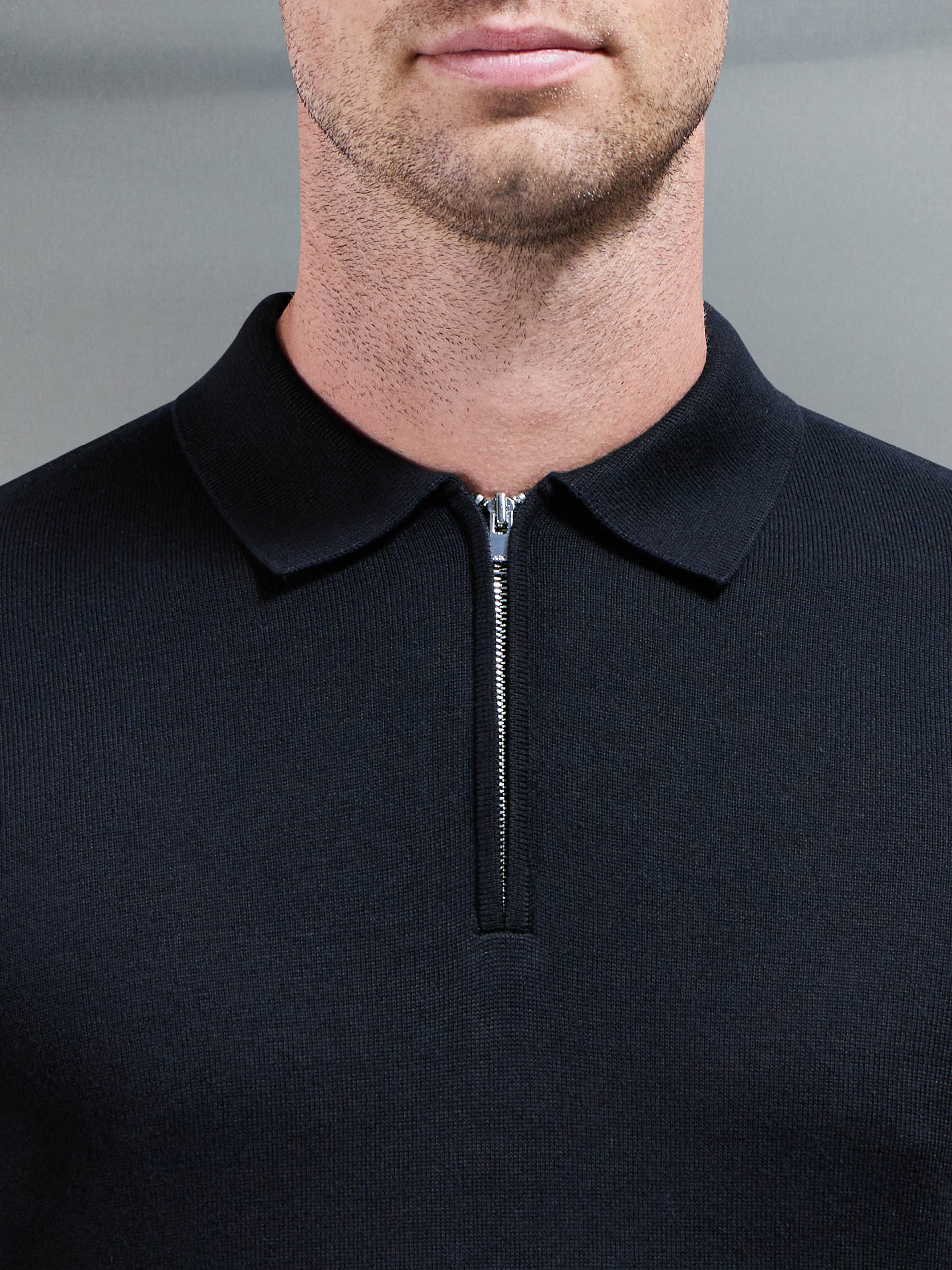 Cotton Knitted Long Sleeve Half Zip Polo Shirt in Black