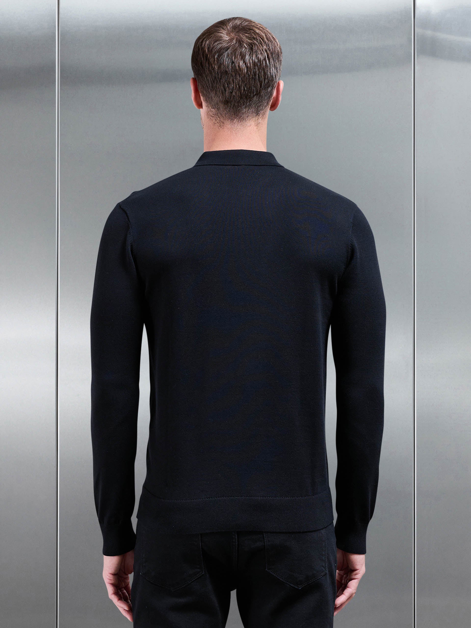 Cotton Knitted Long Sleeve Half Zip Polo Shirt in Black