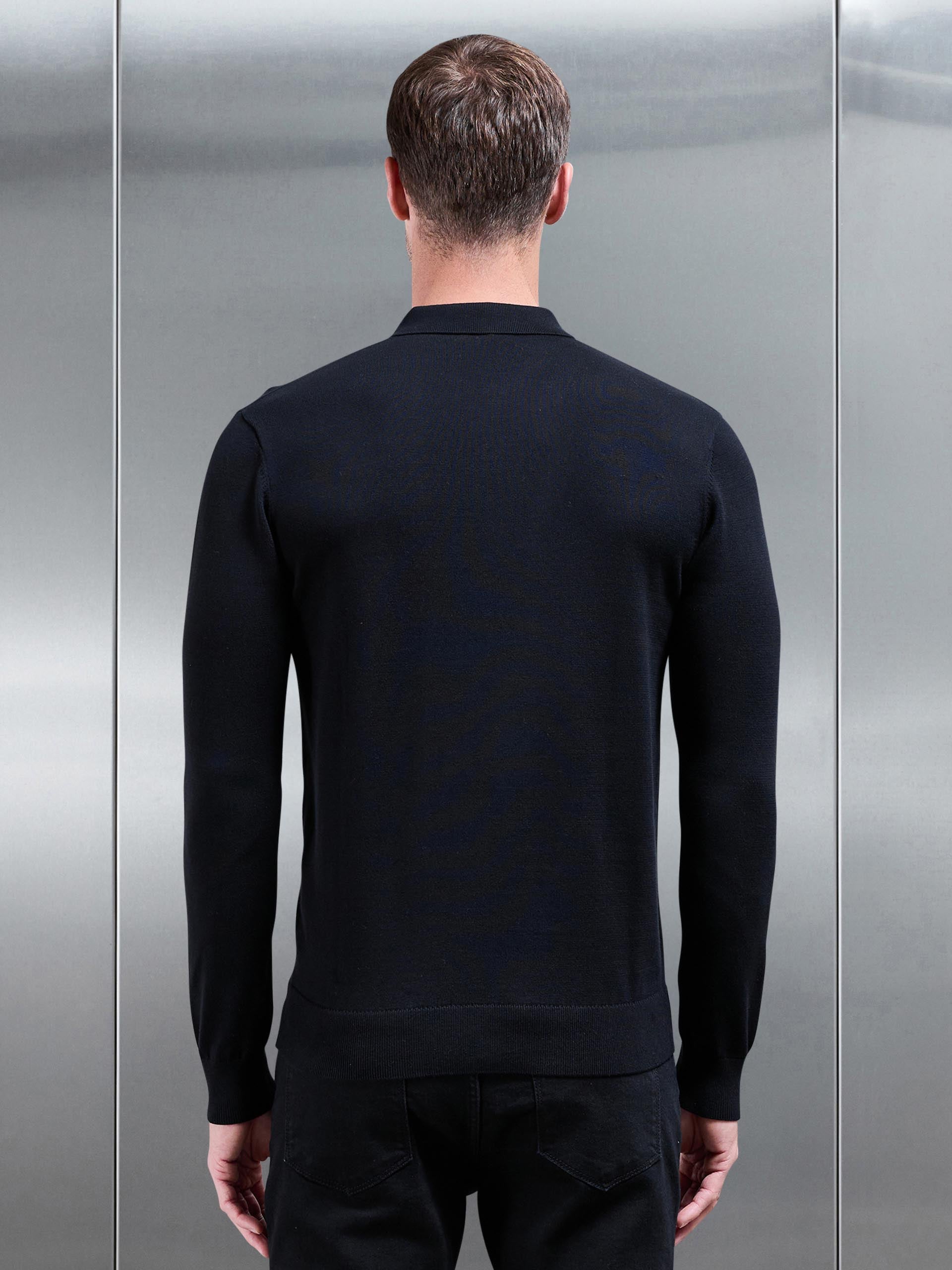 Cotton Knitted Long Sleeve Half Zip Polo Shirt in Black