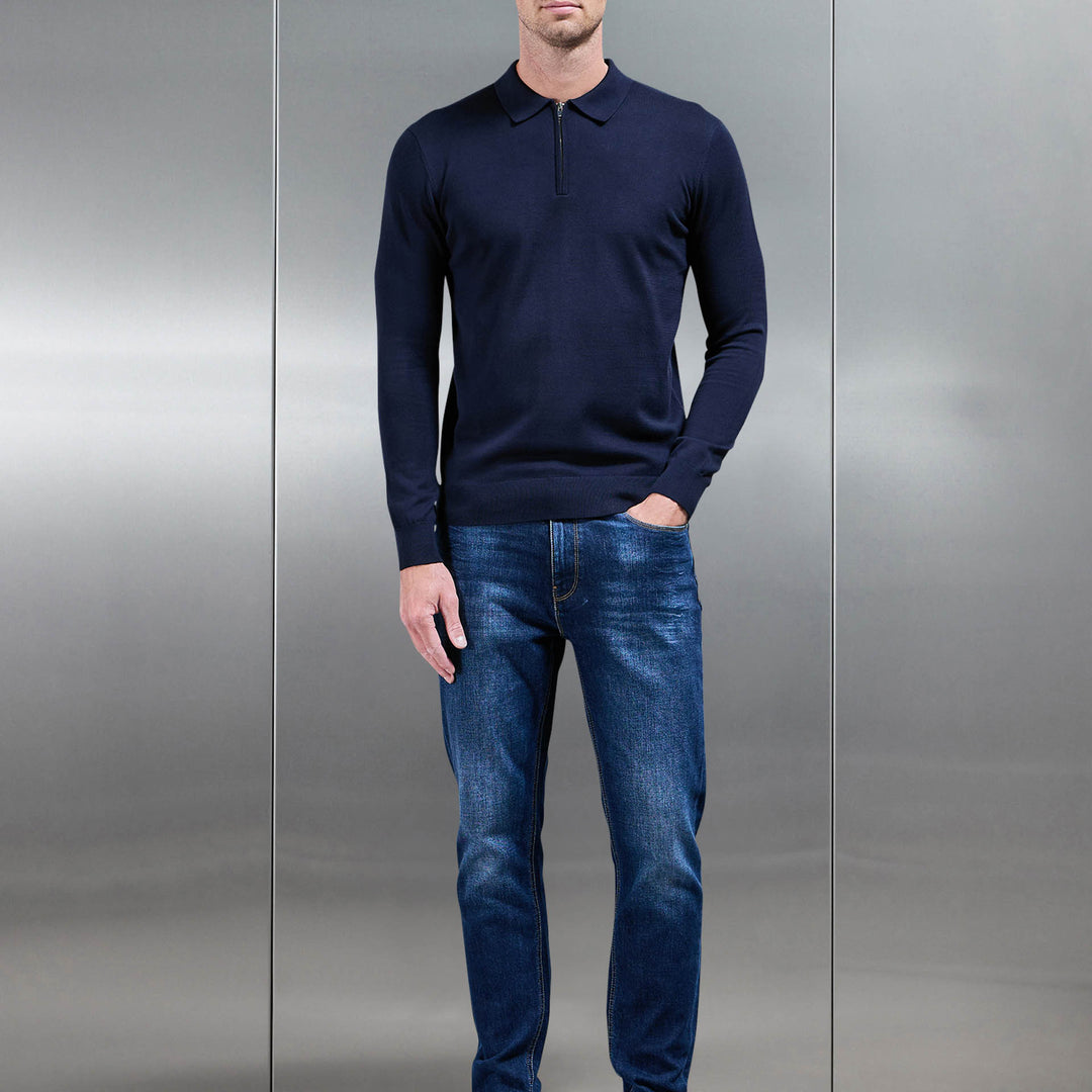 Cotton Knitted Long Sleeve Half Zip Polo Shirt in Navy