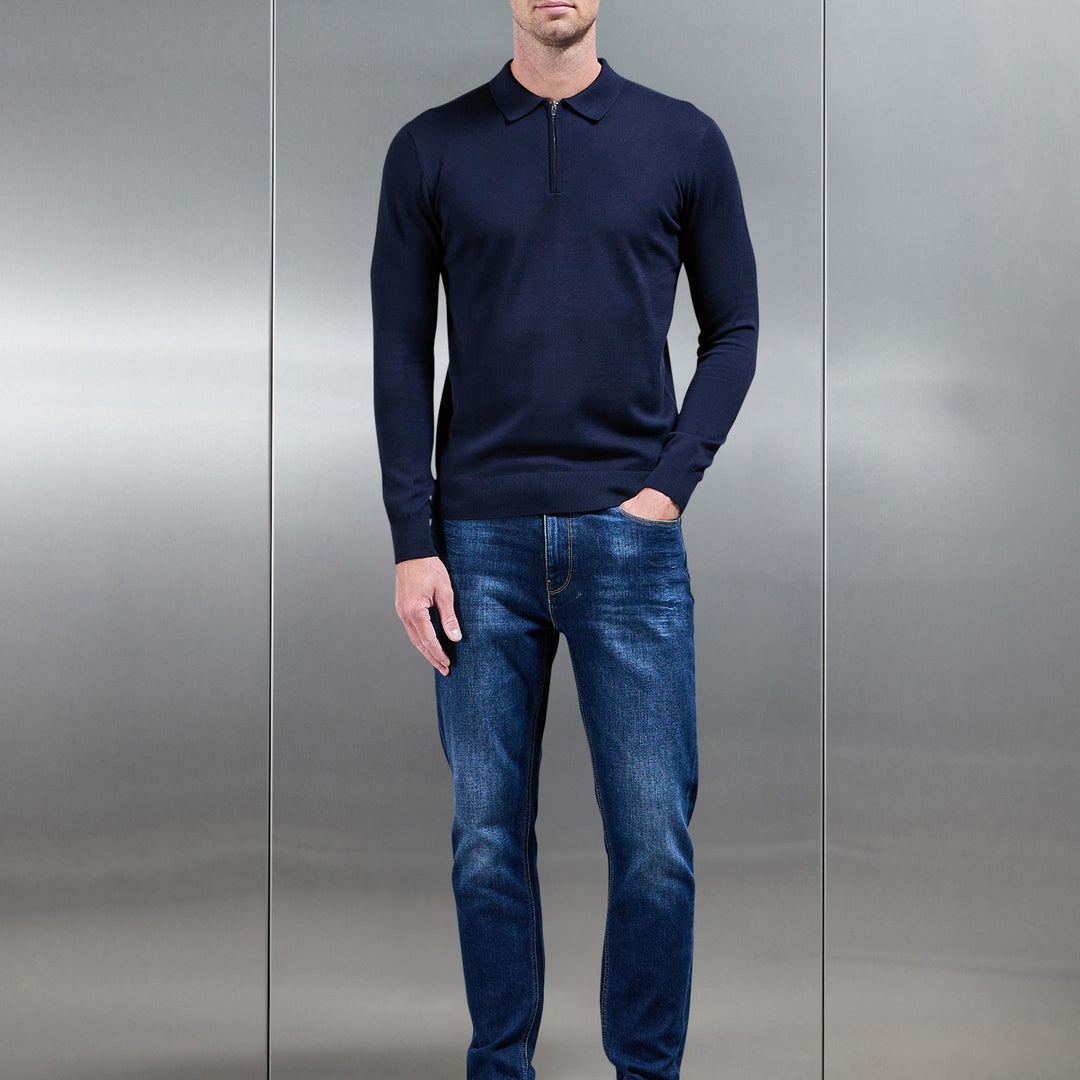 Cotton Knitted Long Sleeve Half Zip Polo Shirt in Navy