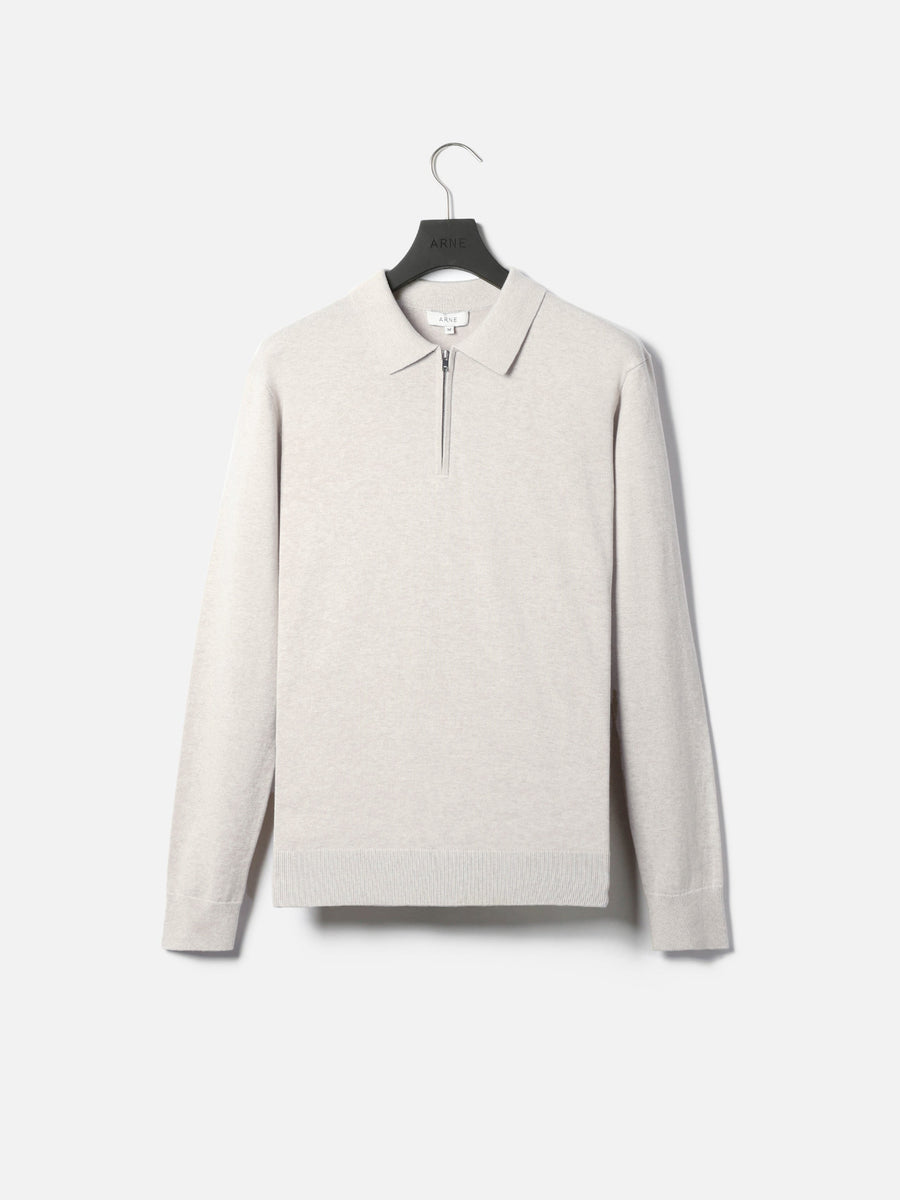 Cotton Knitted Long Sleeve Half Zip Polo Shirt in Oatmeal