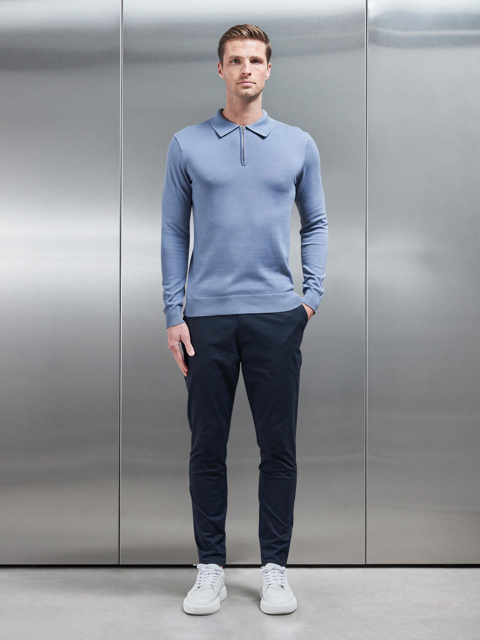 Cotton Knitted Long Sleeve Half Zip Polo Shirt in Silk Blue