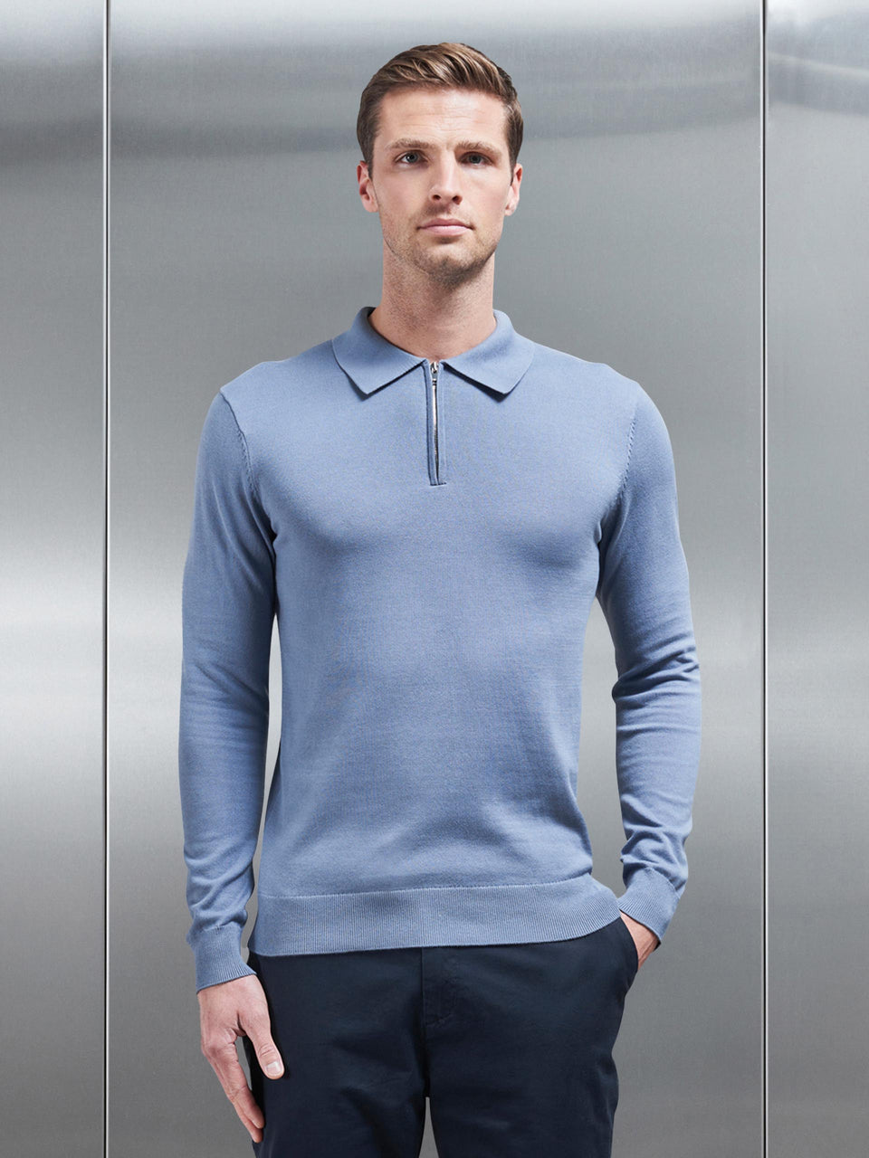 Cotton Knitted Long Sleeve Half Zip Polo Shirt in Silk Blue