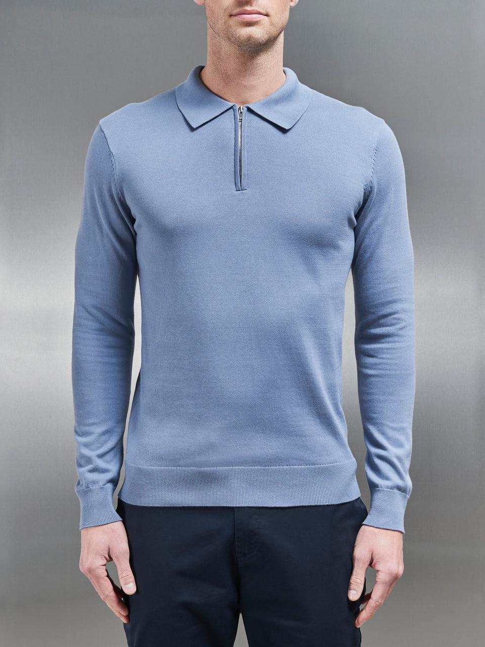 Cotton Knitted Long Sleeve Half Zip Polo Shirt in Silk Blue