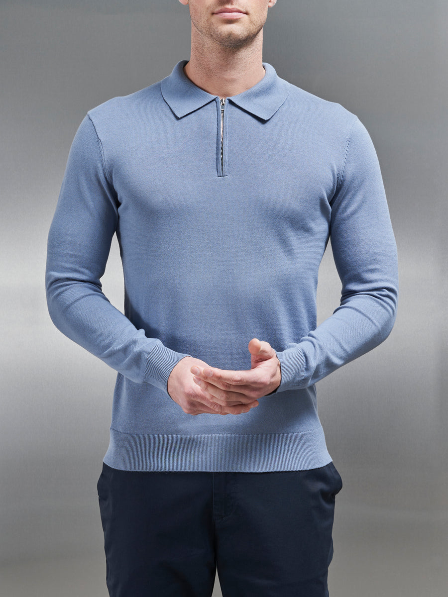 Cotton Knitted Long Sleeve Half Zip Polo Shirt in Silk Blue