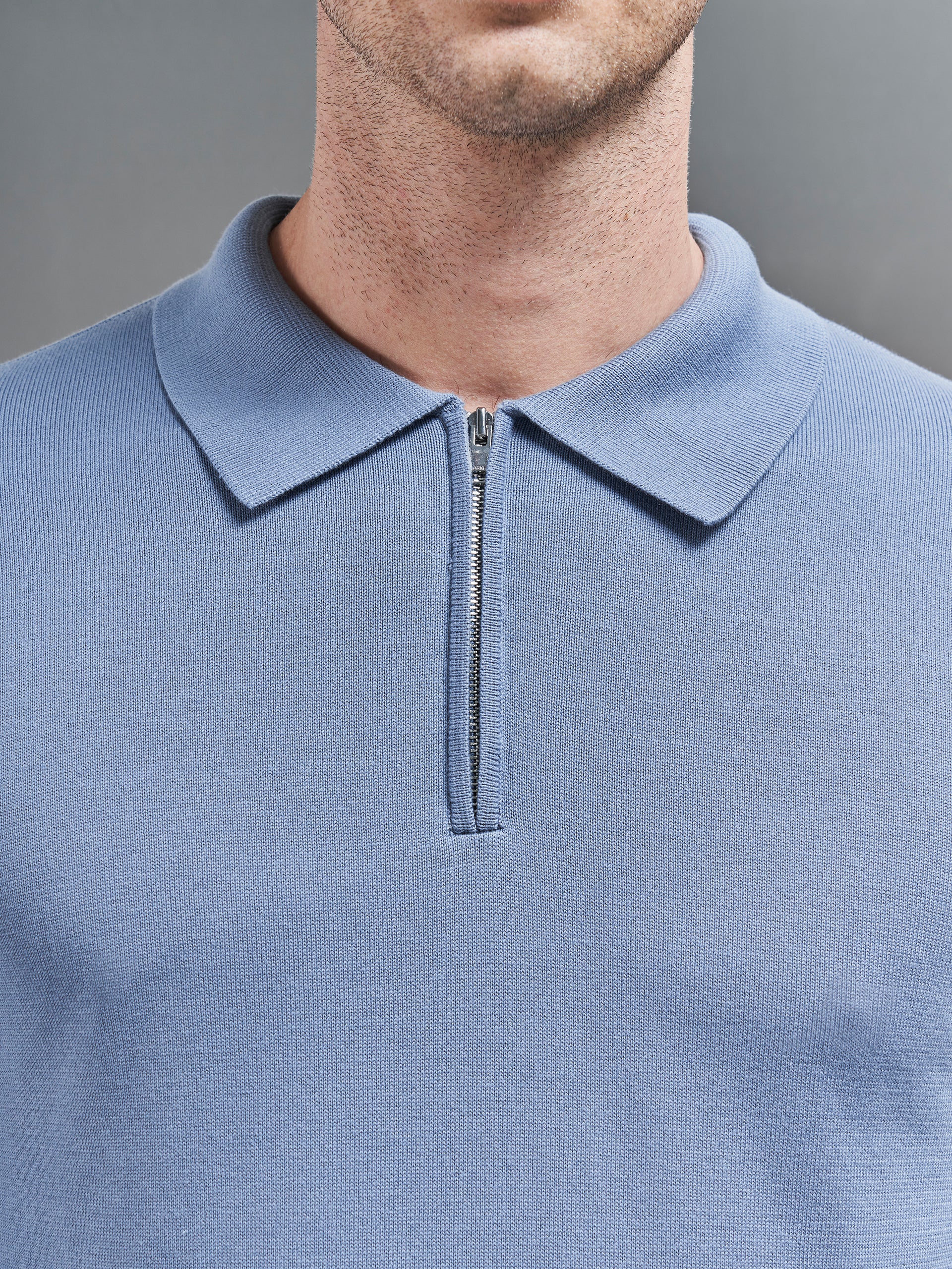 Cotton Knitted Long Sleeve Half Zip Polo Shirt in Silk Blue