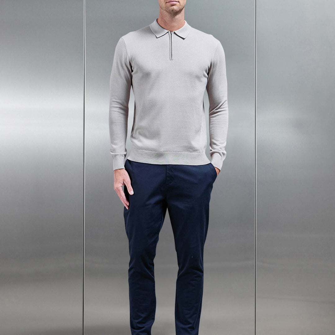 Cotton Knitted Long Sleeve Half Zip Polo Shirt in Stone