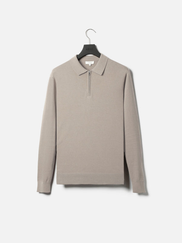 Cotton Knitted Long Sleeve Half Zip Polo Shirt in Taupe