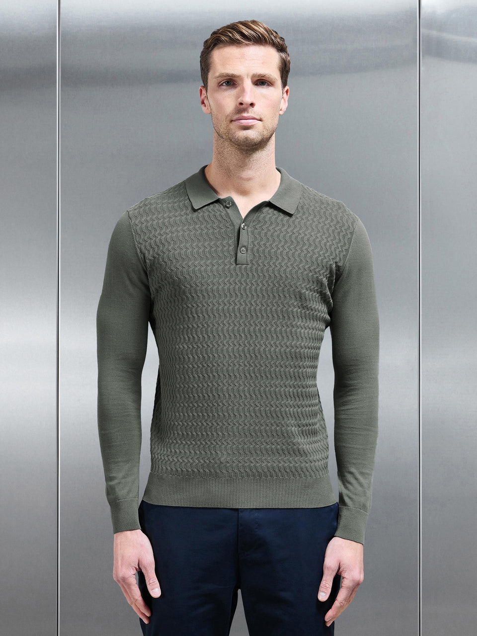 Cotton Knitted Long Sleeve Textured Polo Shirt in Sage