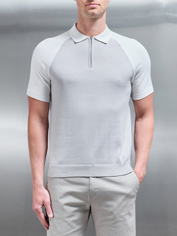 Cotton Knitted Raglan Colour Block Zip Polo Shirt in Mid Grey
