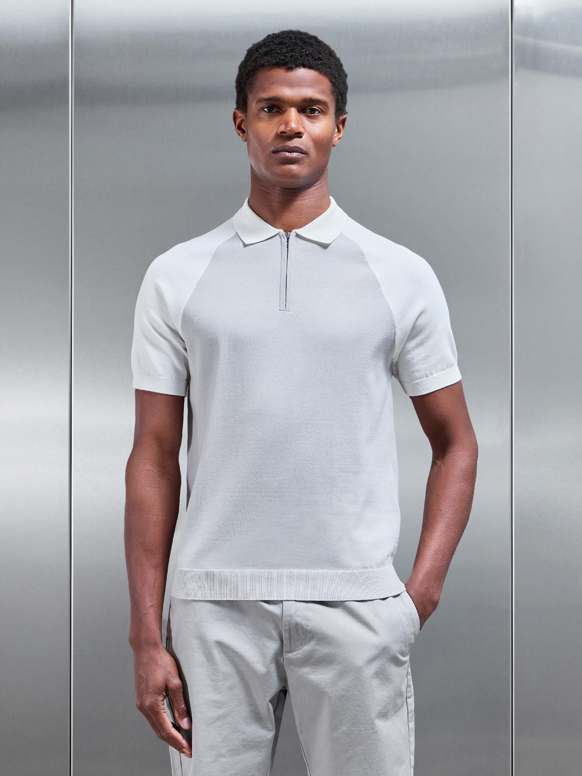 Cotton Knitted Raglan Colour Block Zip Polo Shirt in Mid Grey