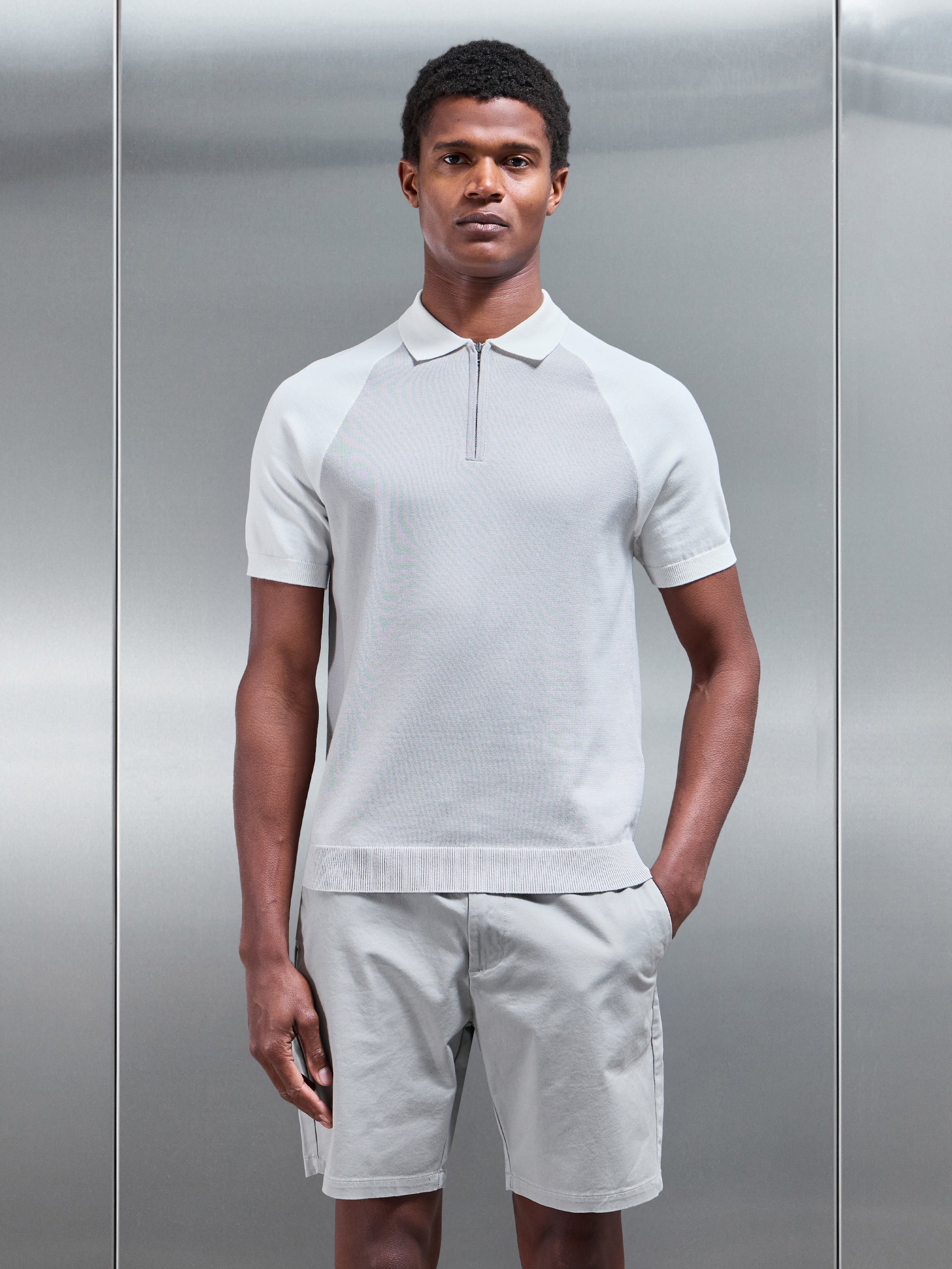 Cotton Knitted Raglan Colour Block Zip Polo Shirt in Mid Grey