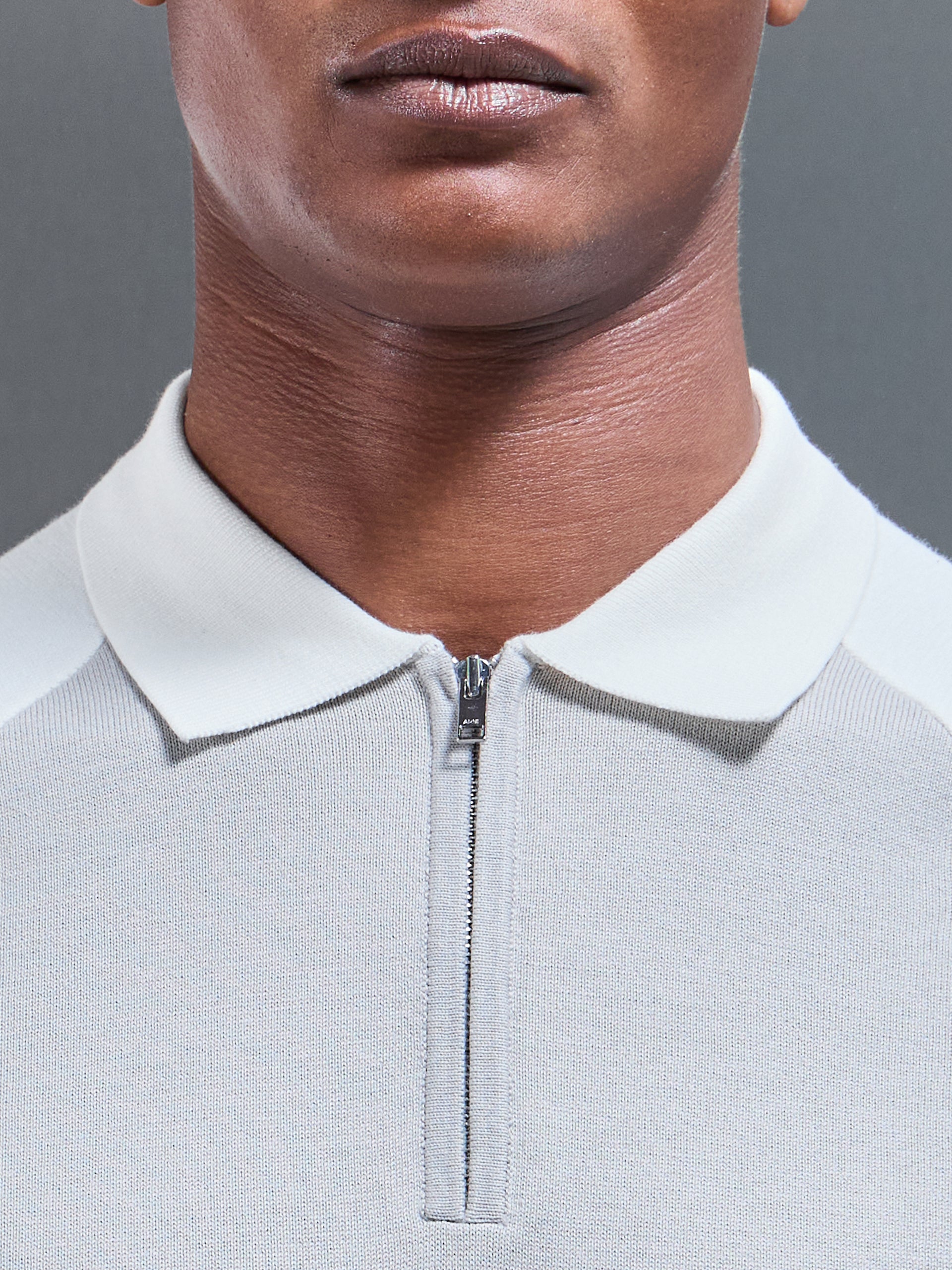 Cotton Knitted Raglan Colour Block Zip Polo Shirt in Mid Grey