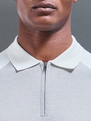 Cotton Knitted Raglan Colour Block Zip Polo Shirt in Mid Grey
