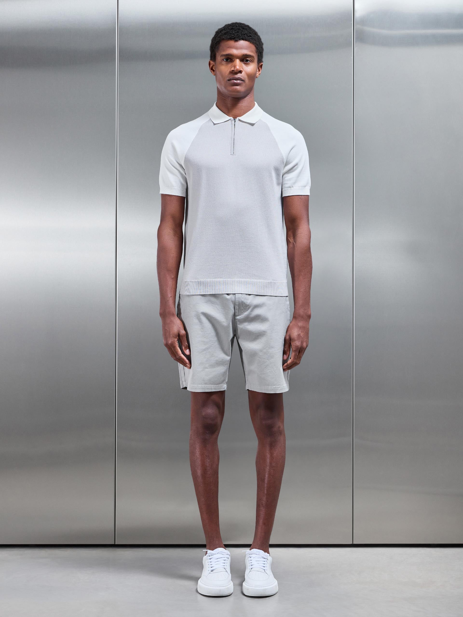 Cotton Knitted Raglan Colour Block Zip Polo Shirt in Mid Grey