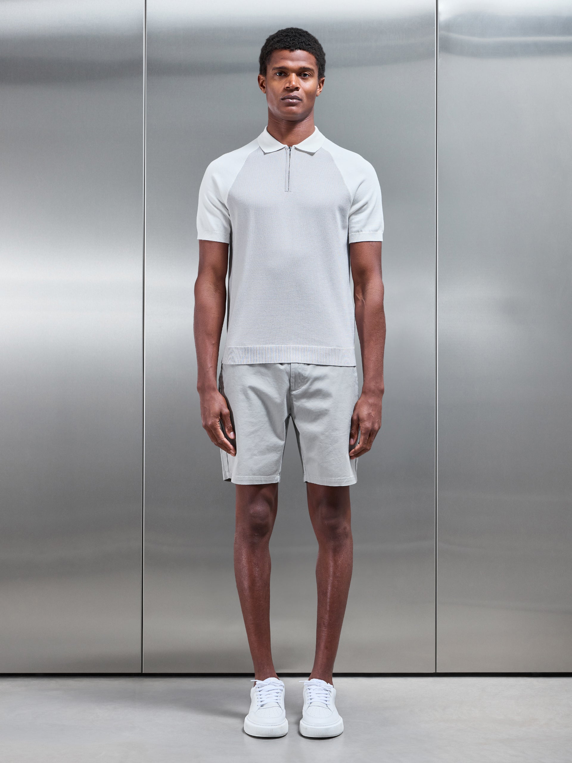 Cotton Knitted Raglan Colour Block Zip Polo Shirt in Mid Grey