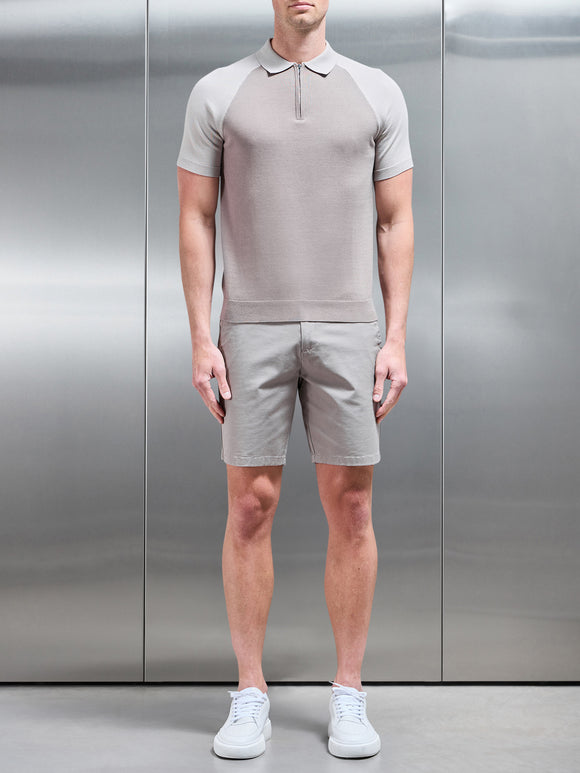Cotton Knitted Raglan Colour Block Zip Polo Shirt in Stone