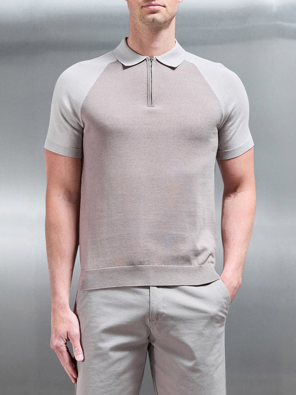 Cotton Knitted Raglan Colour Block Zip Polo Shirt in Stone