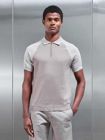 Cotton Knitted Raglan Colour Block Zip Polo Shirt in Stone