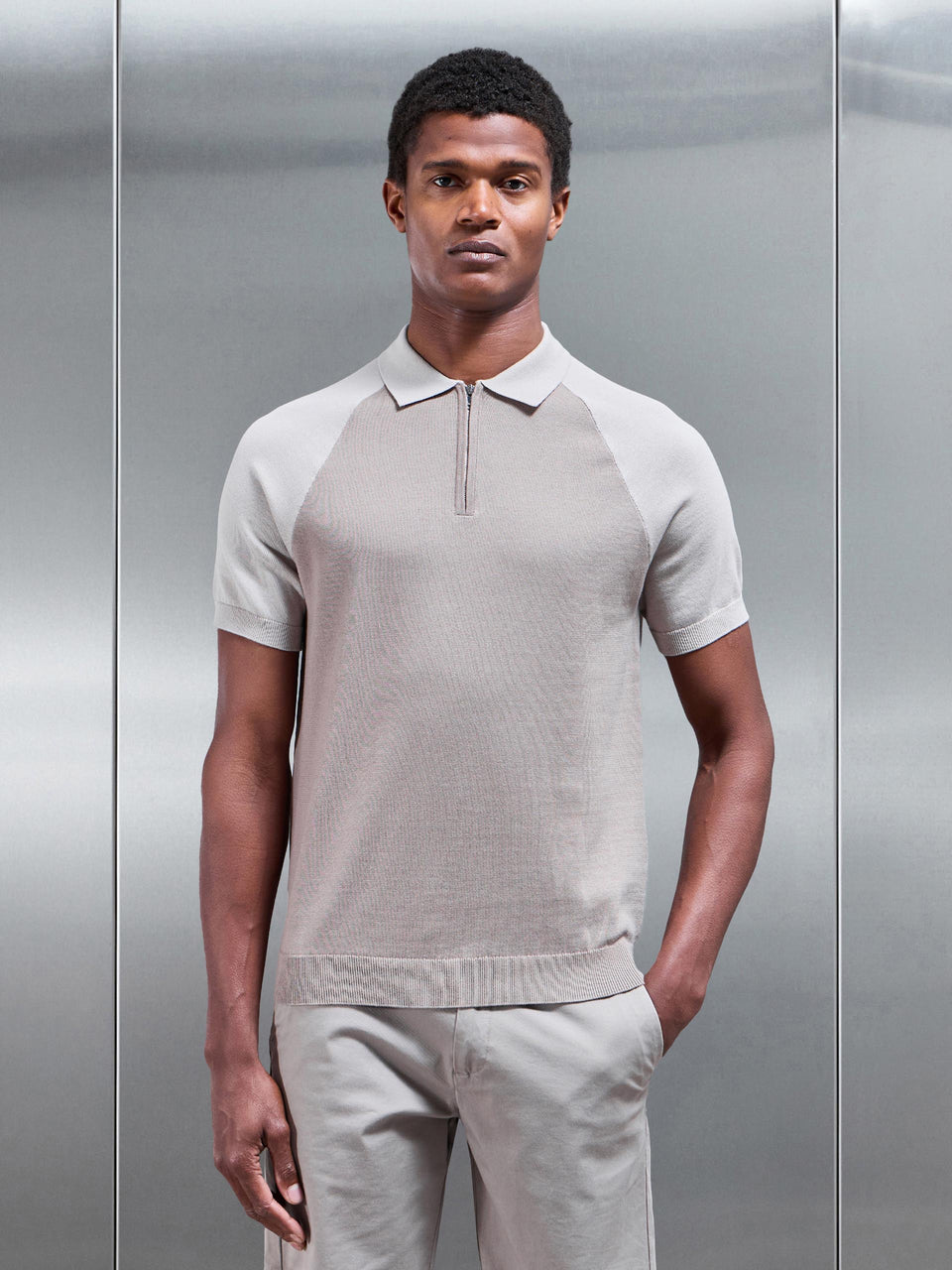Cotton Knitted Raglan Colour Block Zip Polo Shirt in Stone