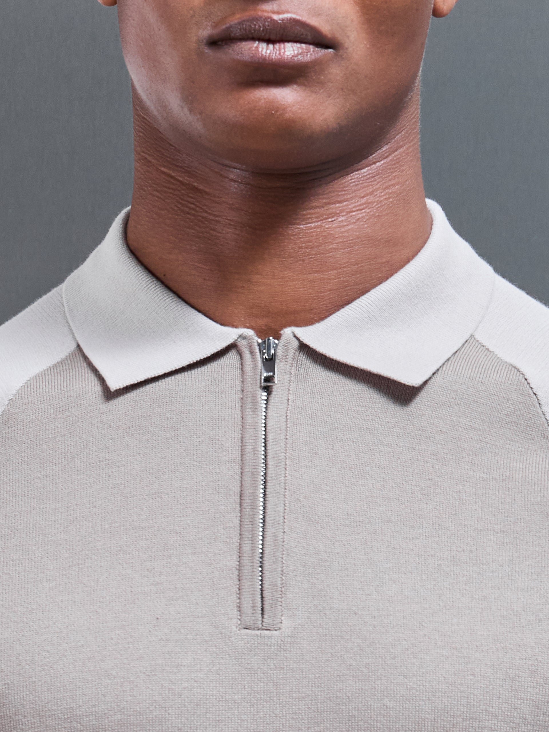Cotton Knitted Raglan Colour Block Zip Polo Shirt in Stone