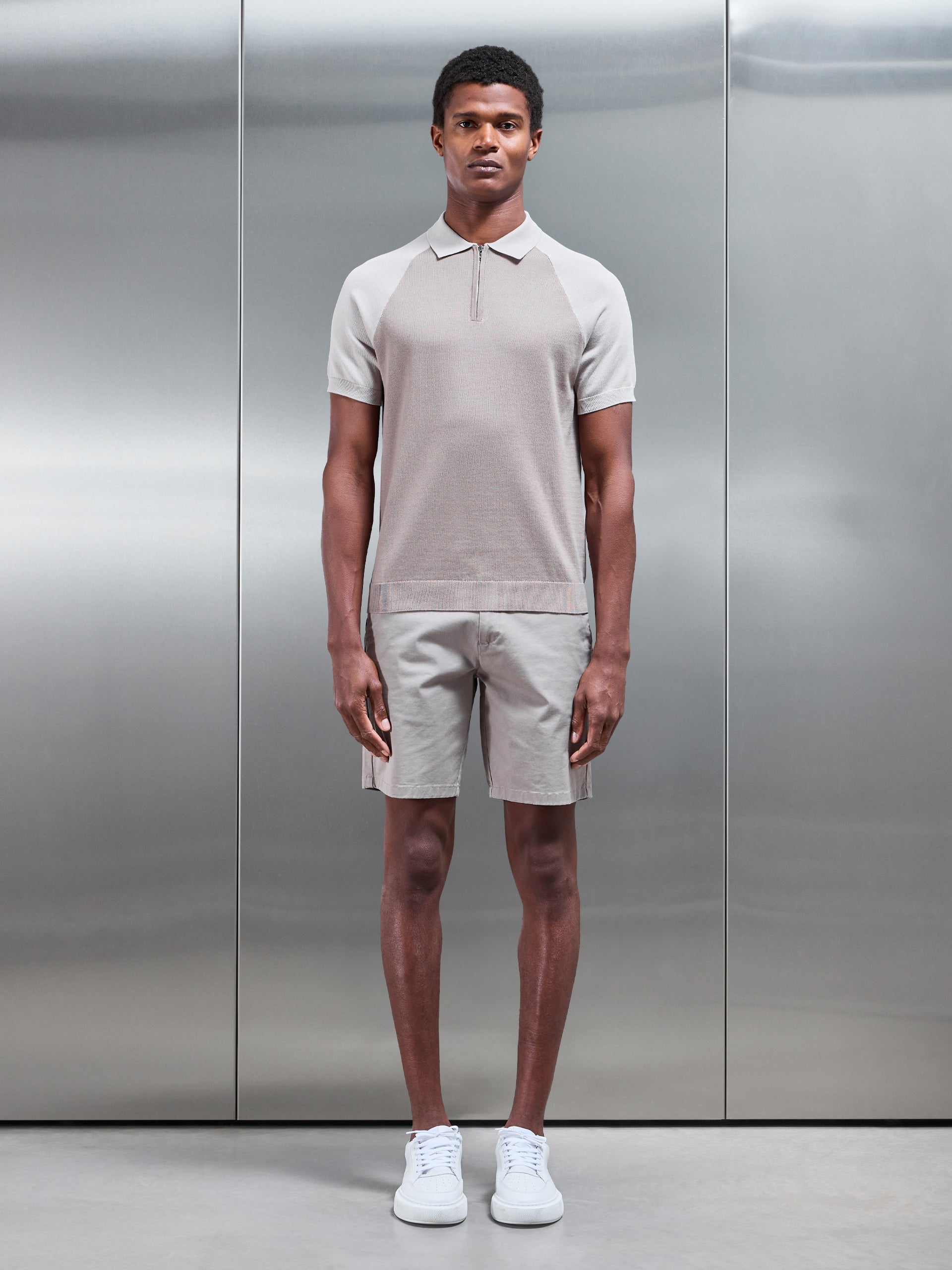 Cotton Knitted Raglan Colour Block Zip Polo Shirt in Stone