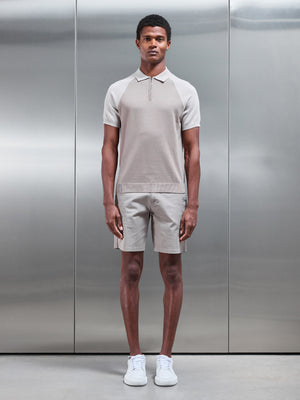 Cotton Knitted Raglan Colour Block Zip Polo Shirt in Stone