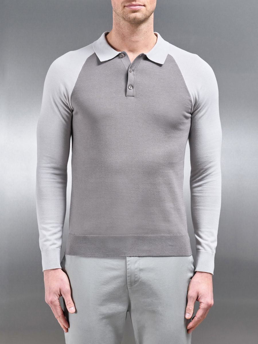 Cotton Knitted Raglan Polo Shirt in Grey