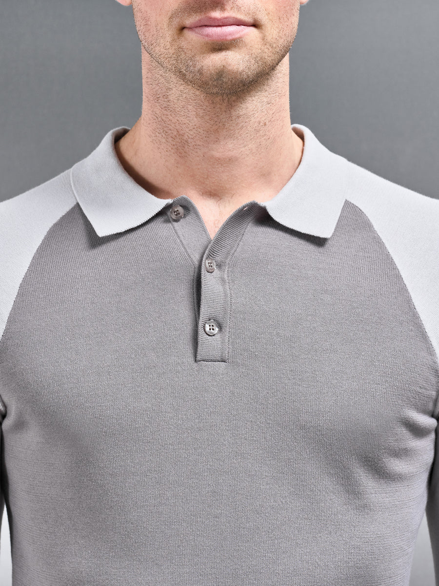 Cotton Knitted Raglan Polo Shirt in Grey