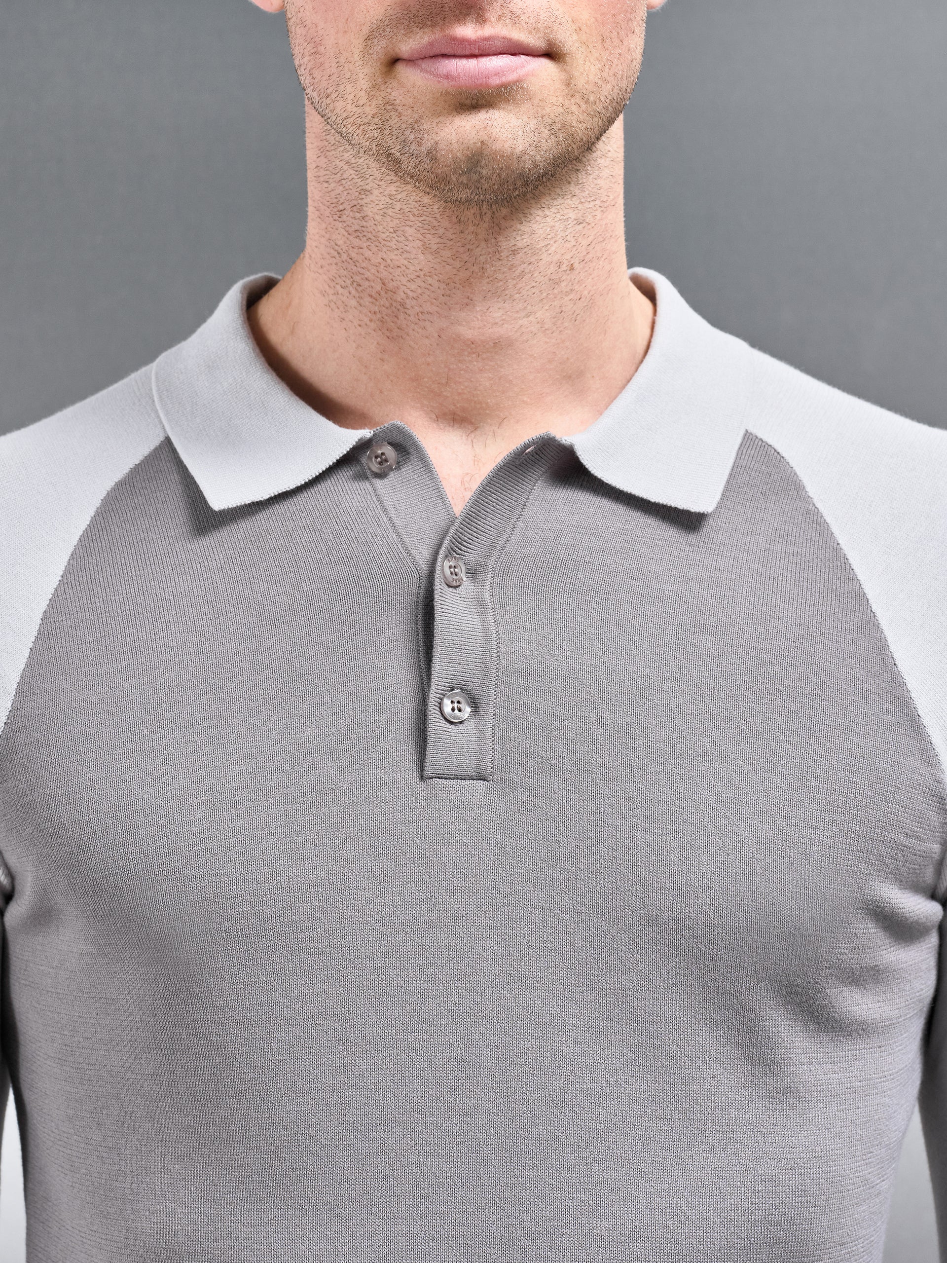 Cotton Knitted Raglan Polo Shirt in Grey