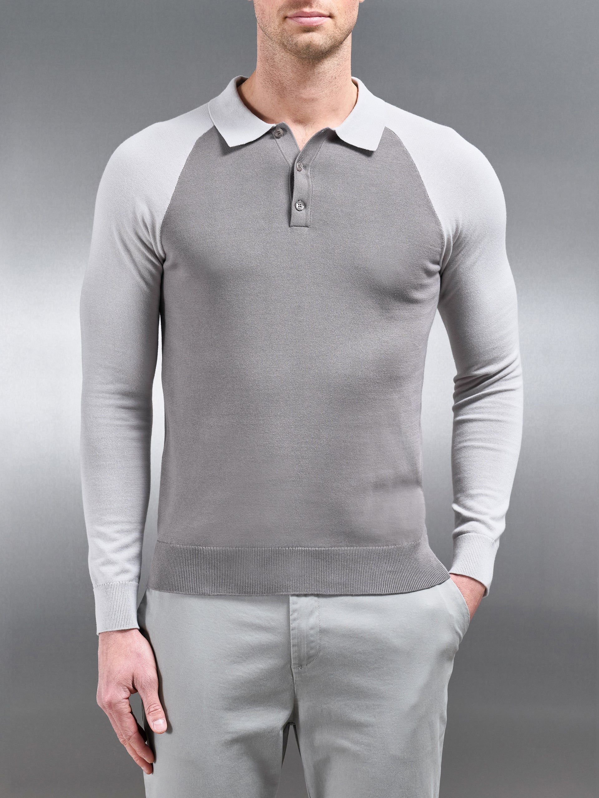 Cotton Knitted Raglan Polo Shirt in Grey