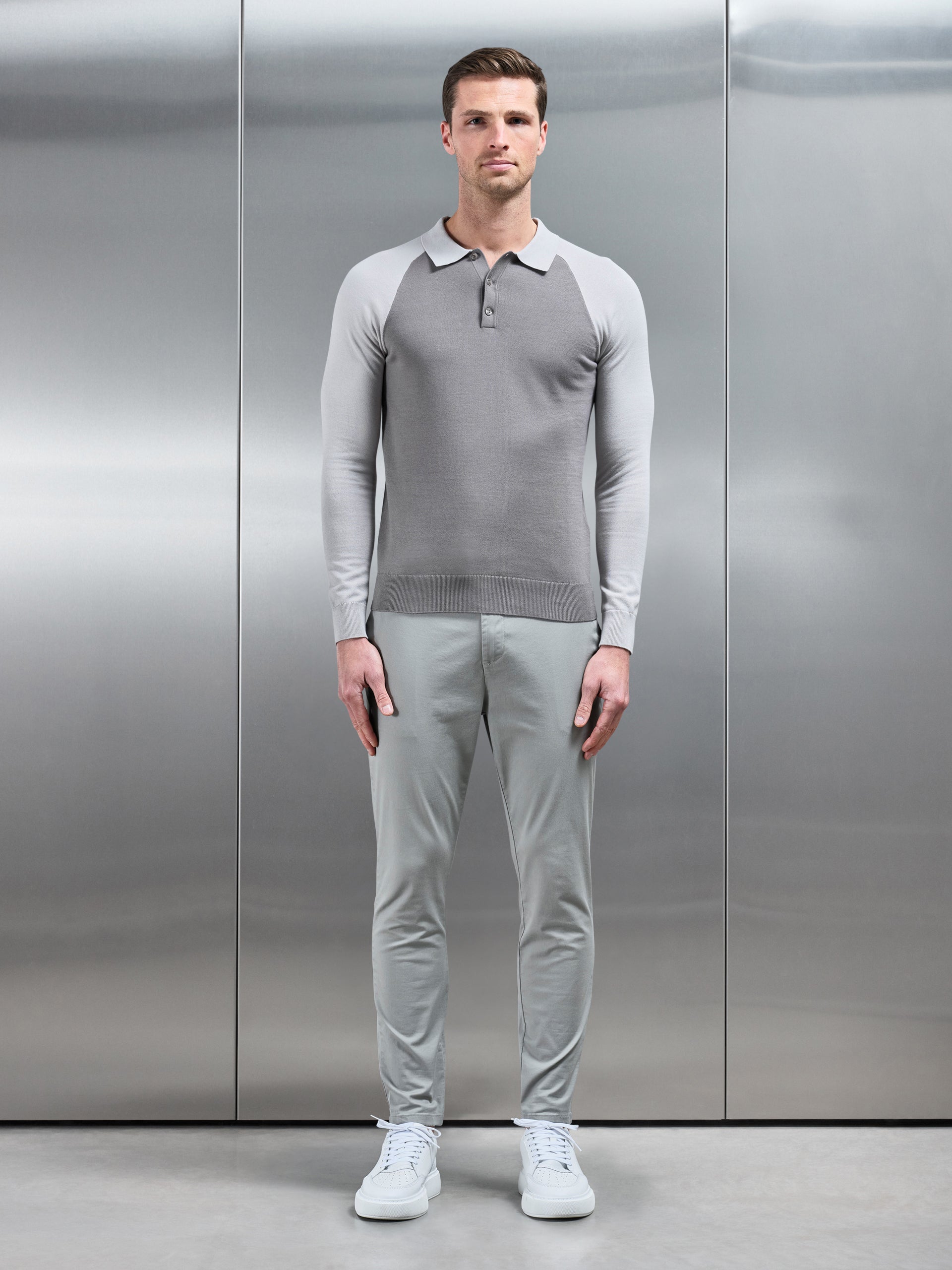 Cotton Knitted Raglan Polo Shirt in Grey