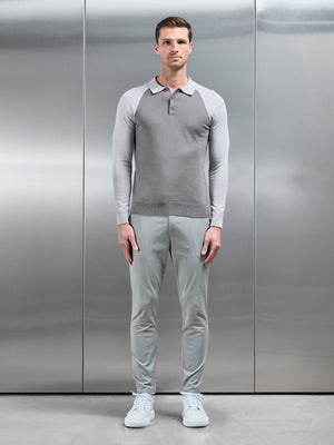 Cotton Knitted Raglan Polo Shirt in Grey