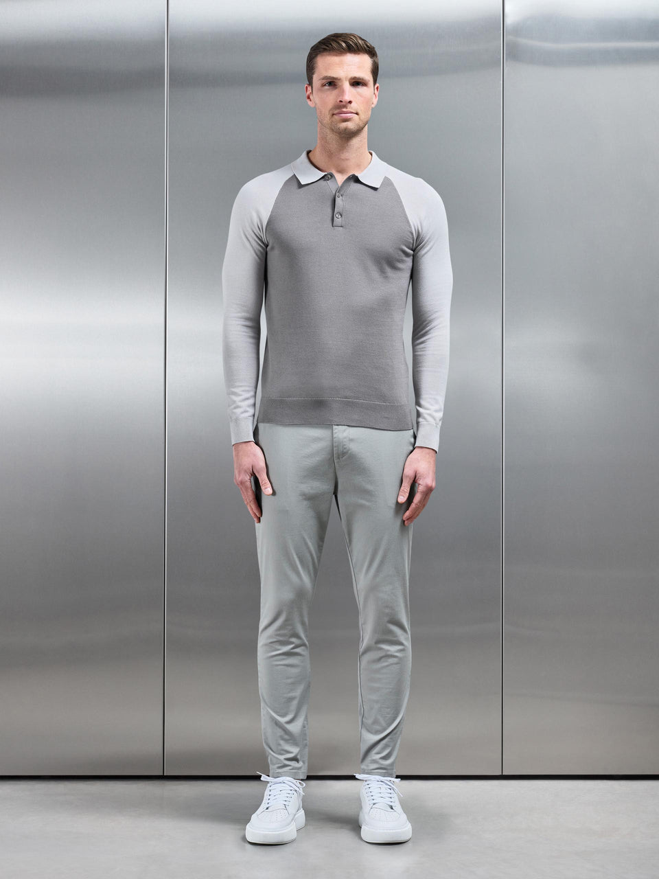 Cotton Knitted Raglan Polo Shirt in Grey