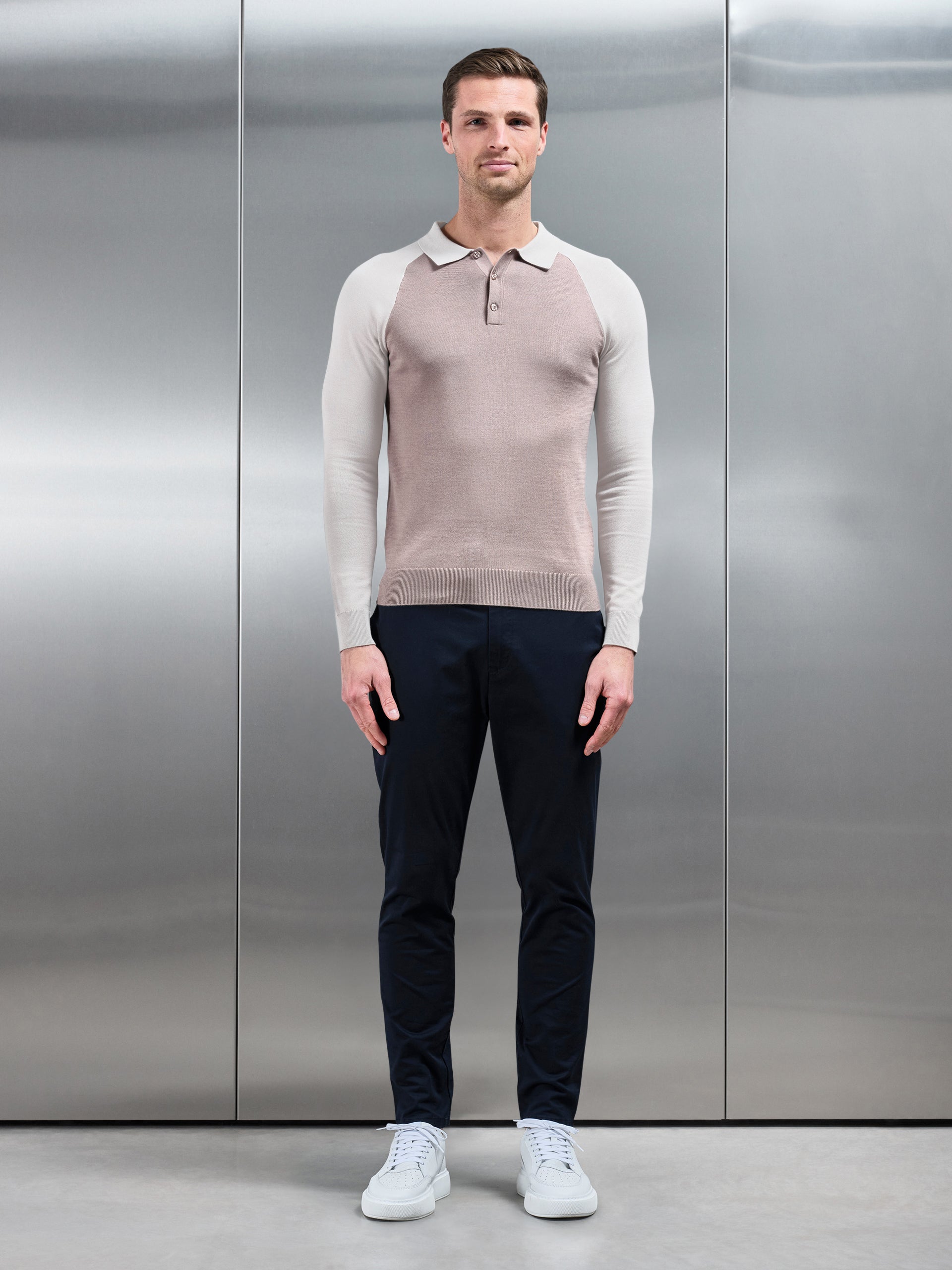 Cotton Knitted Raglan Polo Shirt in Stone