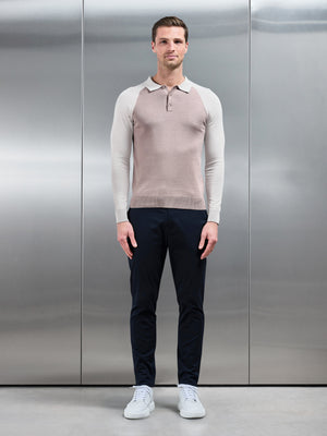 Cotton Knitted Raglan Polo Shirt in Stone