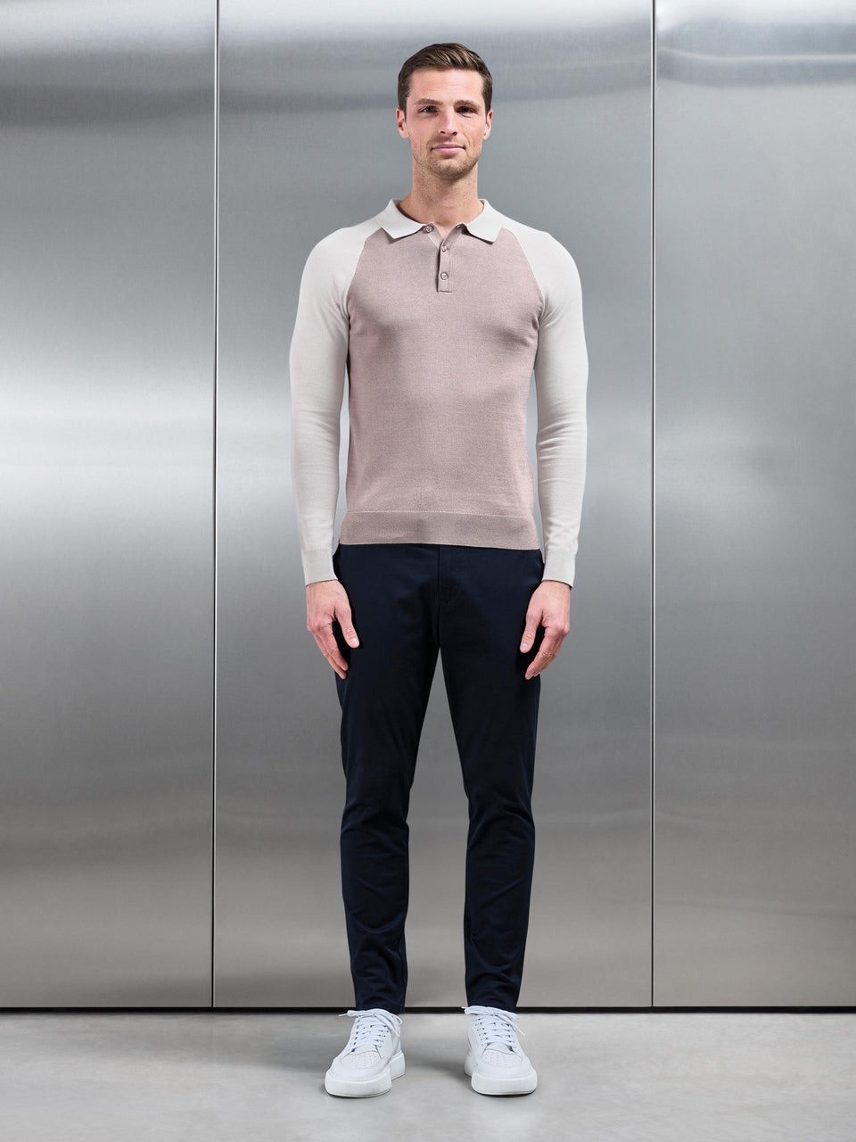Cotton Knitted Raglan Polo Shirt in Stone