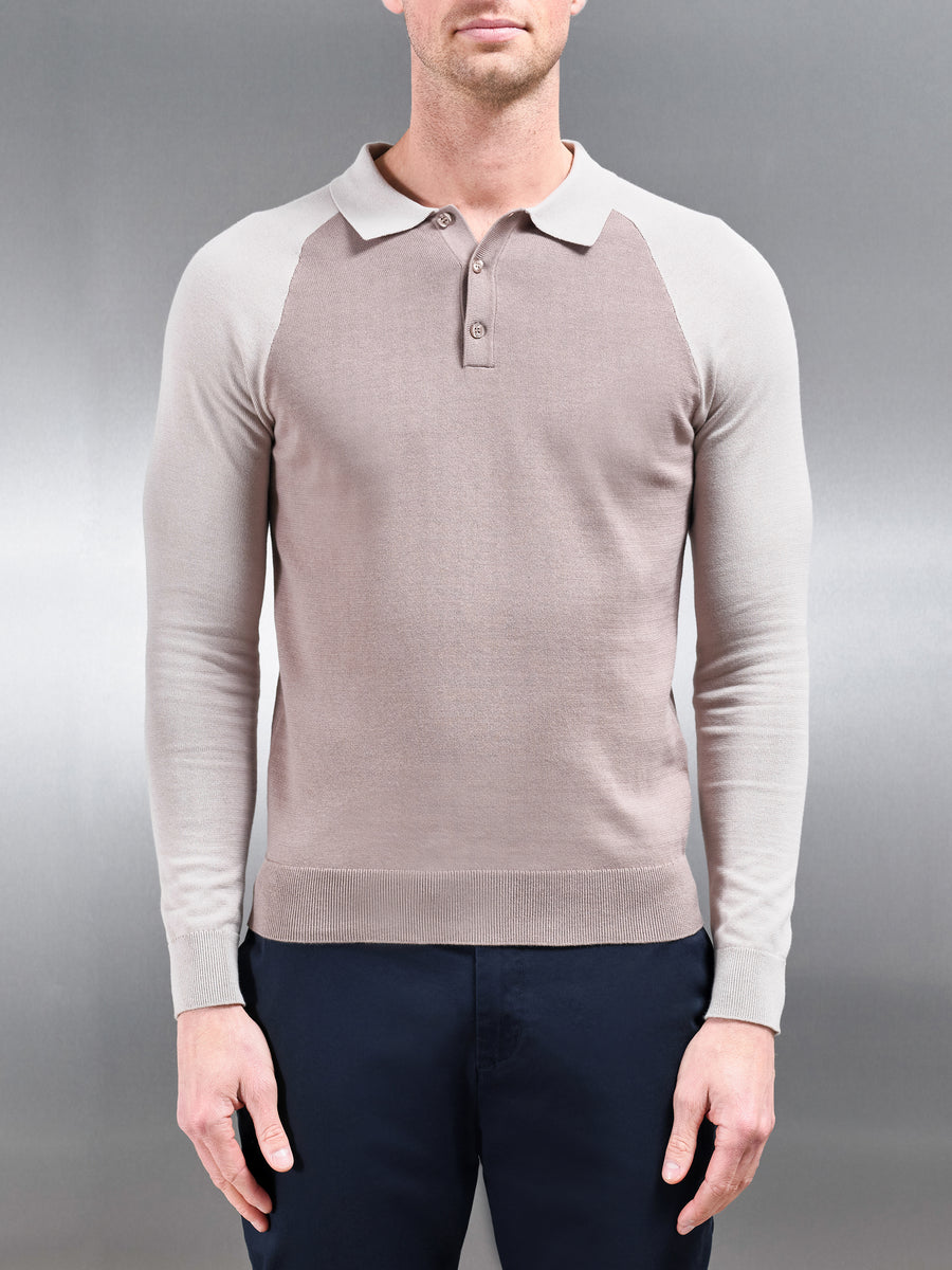 Cotton Knitted Raglan Polo Shirt in Stone