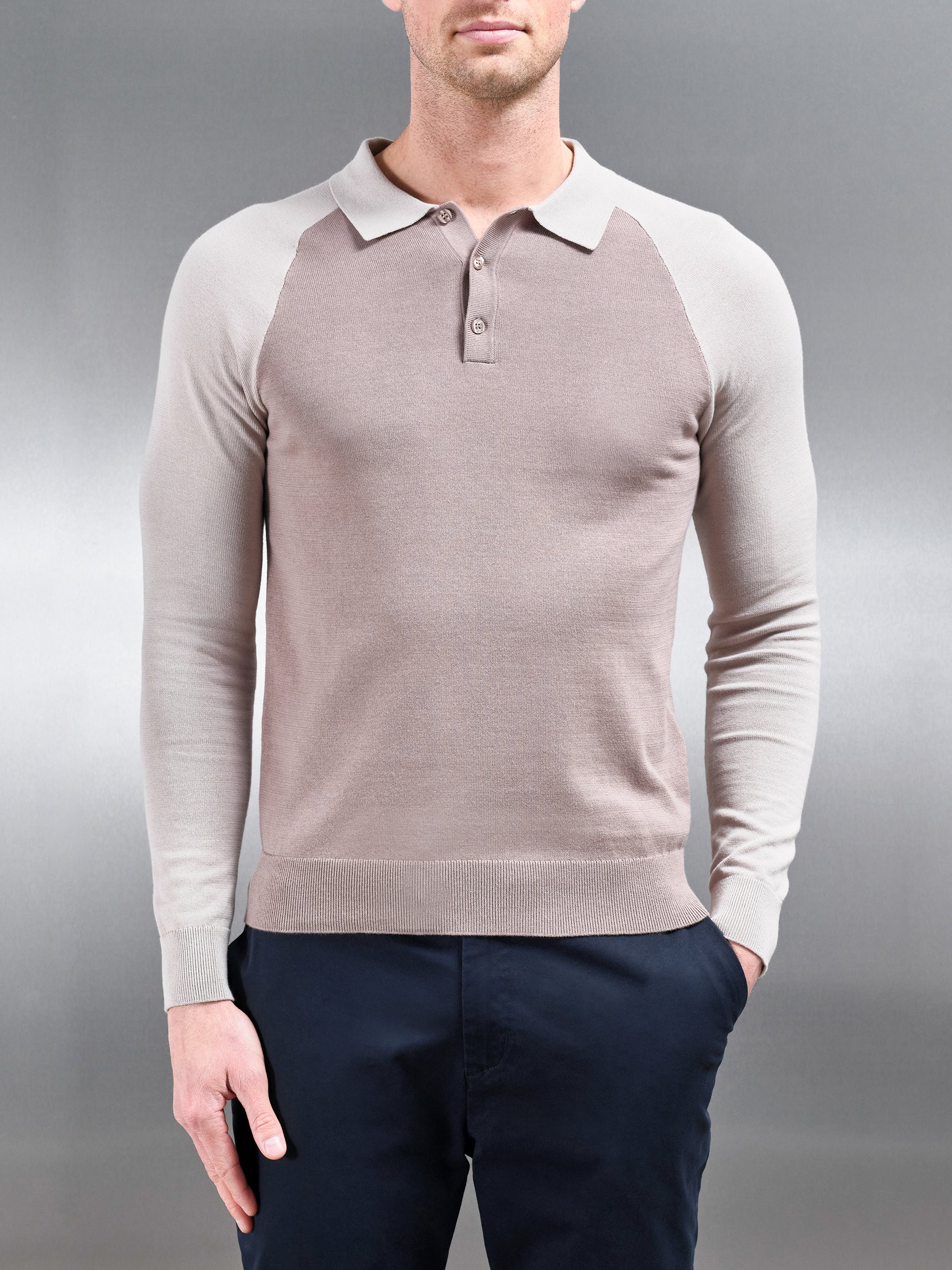 Cotton Knitted Raglan Polo Shirt in Stone