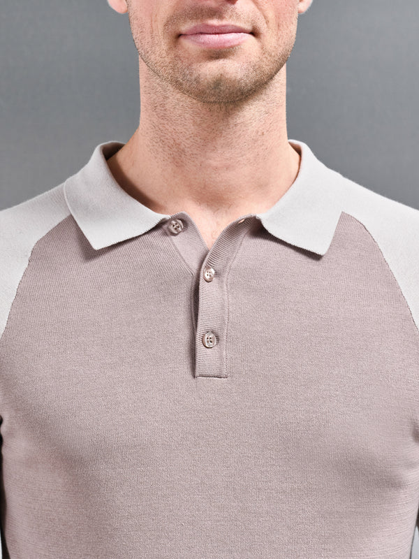 Cotton Knitted Raglan Polo Shirt in Stone