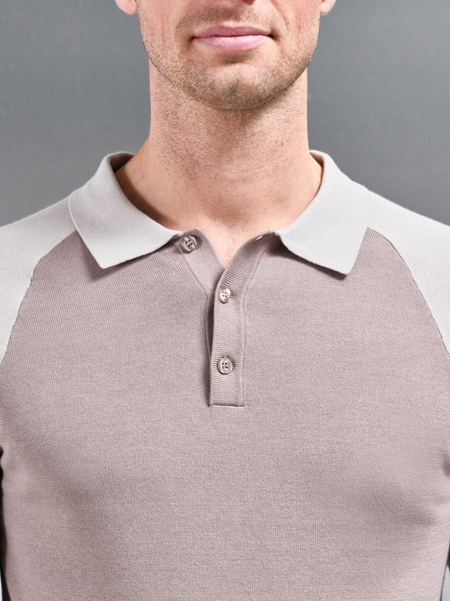 Cotton Knitted Raglan Polo Shirt in Stone