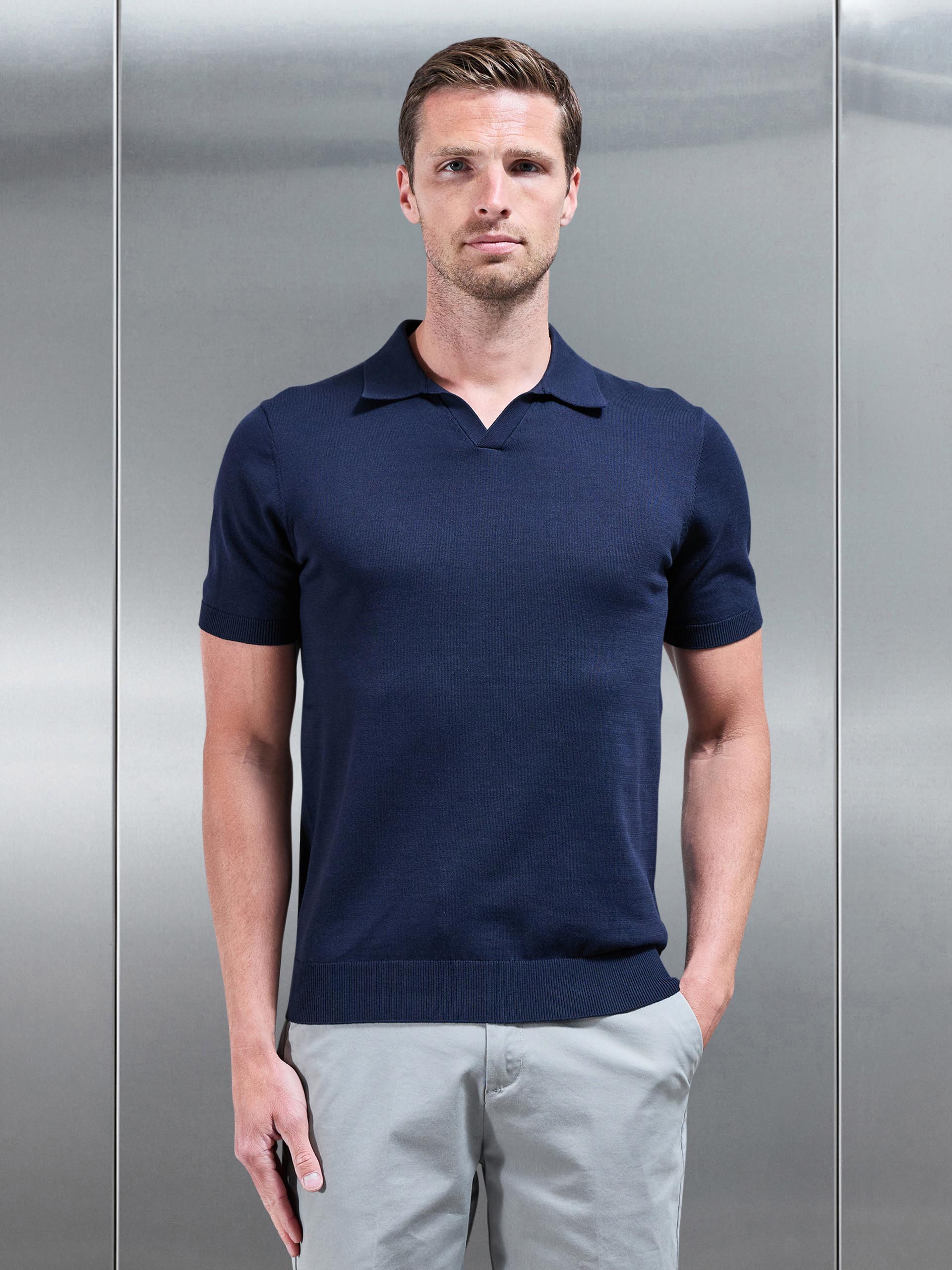 Cotton Knitted Revere Collar Polo Shirt in Navy