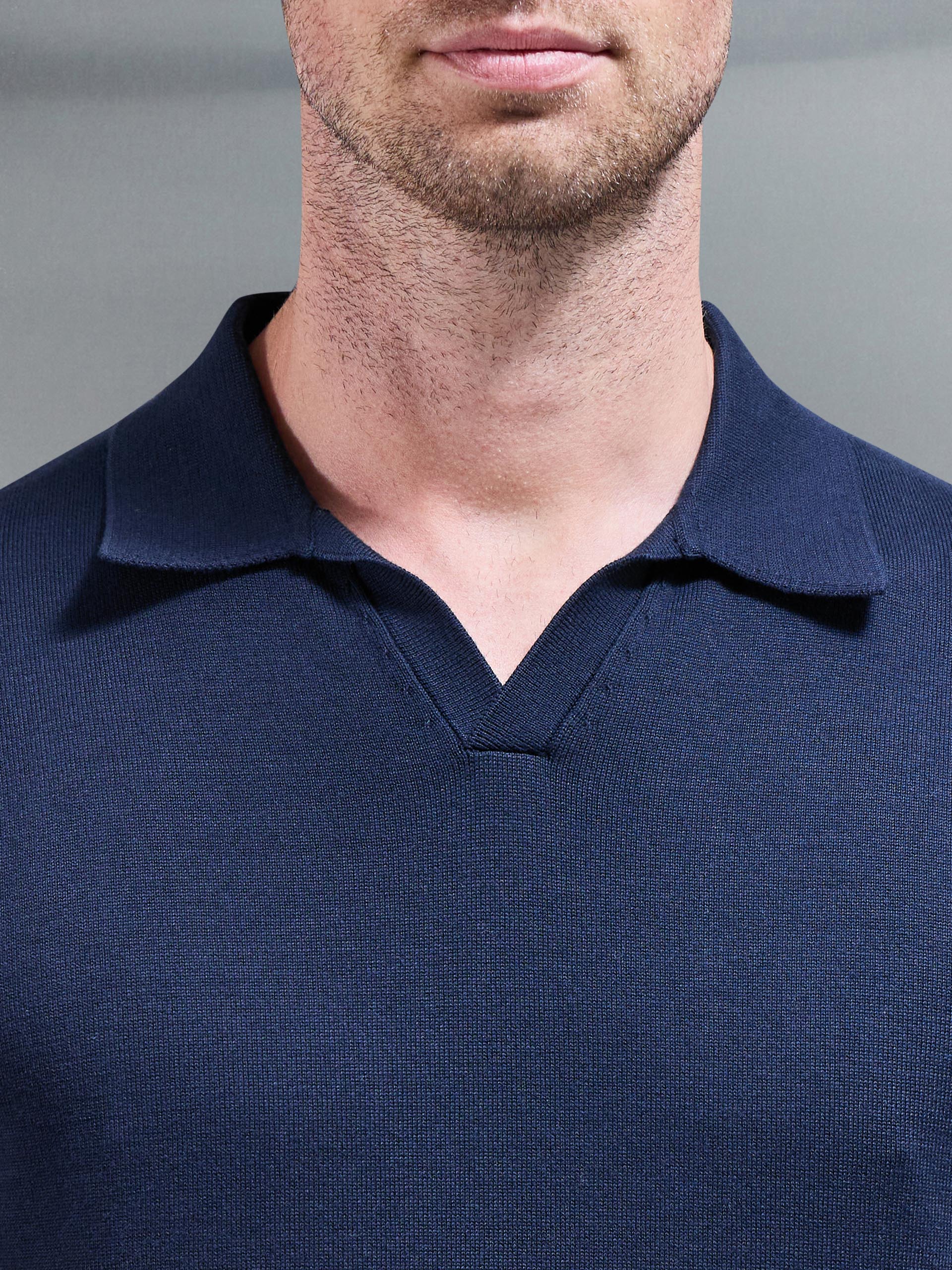Cotton Knitted Revere Collar Polo Shirt in Navy