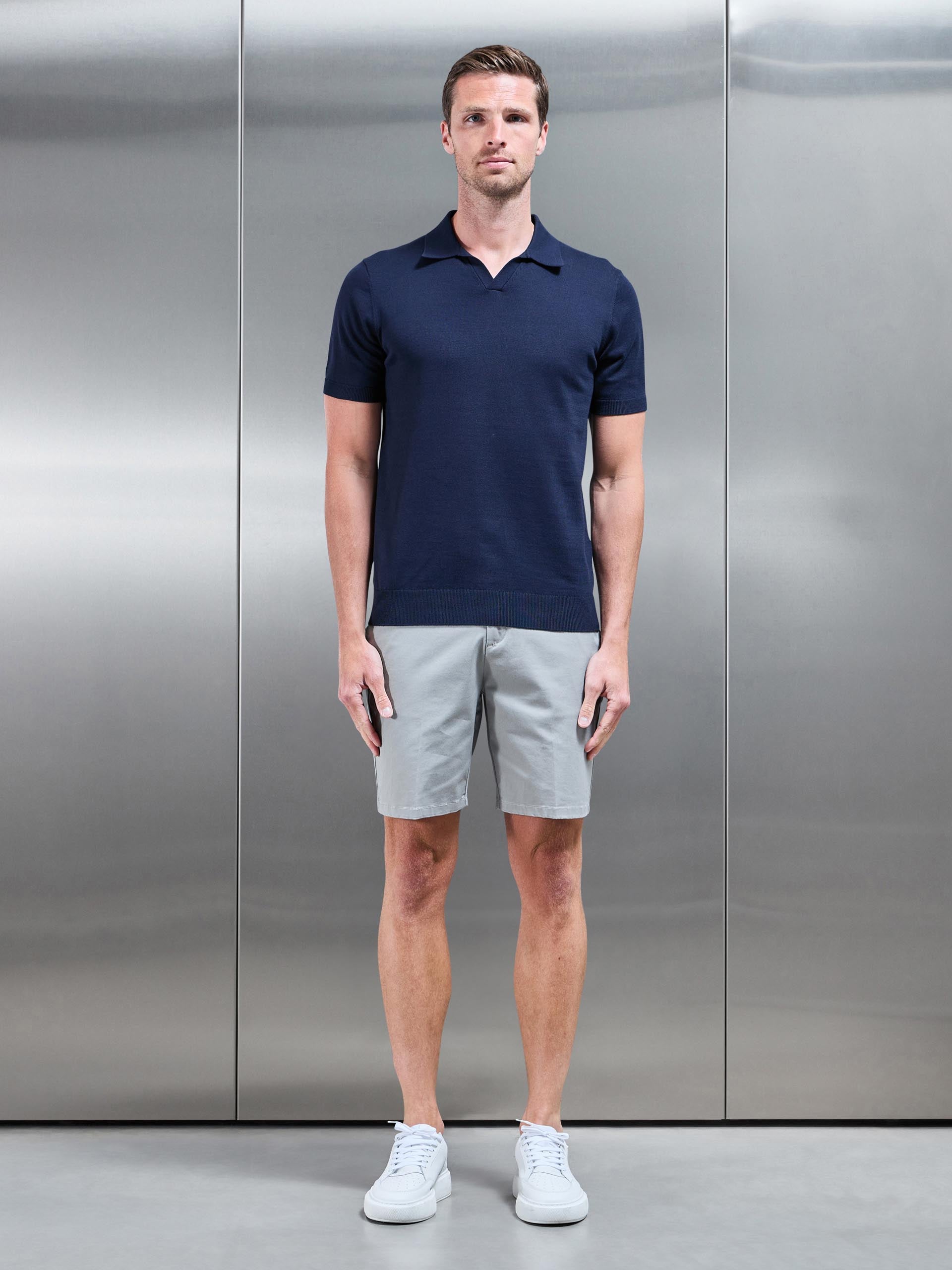 Cotton Knitted Revere Collar Polo Shirt in Navy