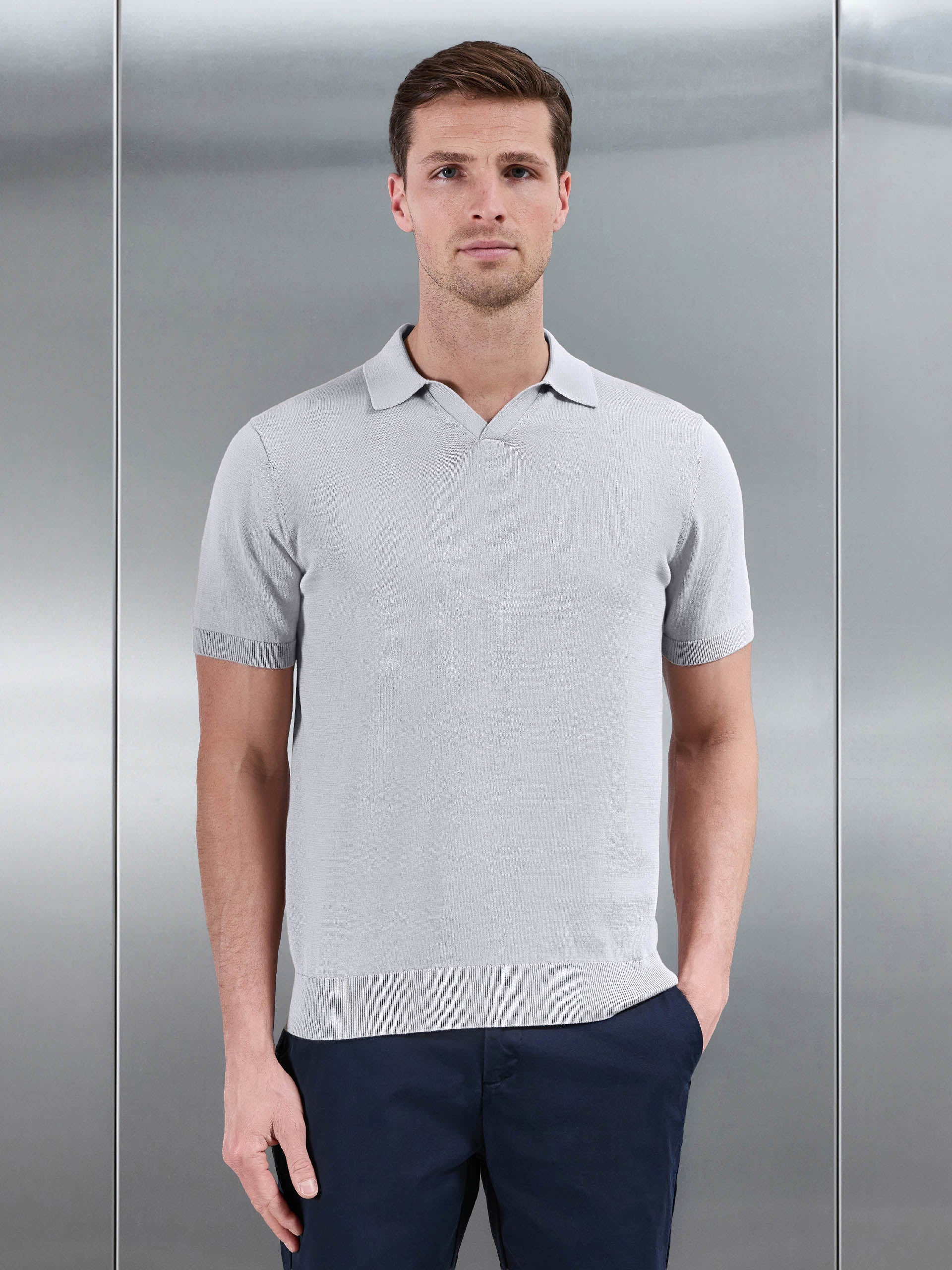 Cotton Knitted Revere Collar Polo Shirt in Stone